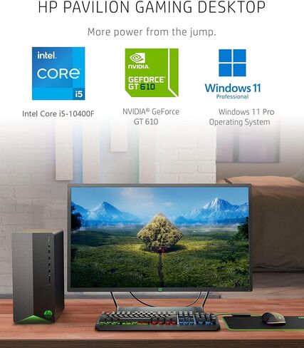 HP Pavilion Tower PC Computer ، 16GB DDR4 RAM ، 512GB PCIE SSD ، Intel 6-CORE I5-10400F (BEAT I7-8700) ، GEFORCE GT 610 2GB ، WIFI ADAPTER ، RJ45 ، TYPE-C ، HDMI ، KB و MOUSE ، Windows 11 PRO ، WE/PGPY in Kuwait