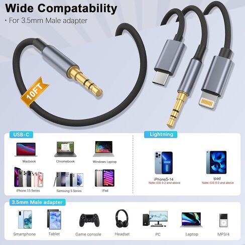 Lightning USB C and 3.5mm to 3.5mm Audio Cable, 3in1 Audio Cable Connector iPhone Headphones Jack Aux Cord Compatible with iPhone 15 14 13 12 iPad iPod for Car Home Stereo, Speaker, Headphone 10FT in Kuwait