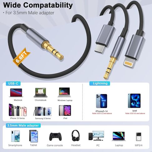 Lightning USB C and 3.5mm to 3.5mm Audio Cable, 3in1 Audio Cable Connector iPhone Headphones Jack Aux Cord Compatible with iPhone 15 14 13 12 iPad iPod for Car Home Stereo, Speaker, Headphone 10FT in Kuwait