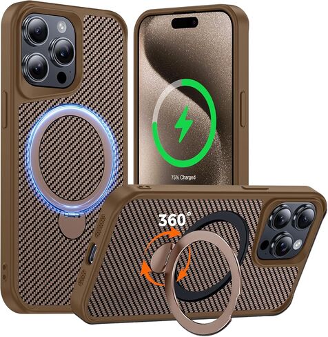 FlyReal مصمم لحالة iPhone 15 Pro Max مع حامل مغناطيسي بزاوية 360 درجة ، حالة هاتف ألياف الكربون [متوافقة مع Magsafe] [حماية عسكرية 16 قدمًا] مع حلقة حامل 6.7 '' ، Black in Kuwait