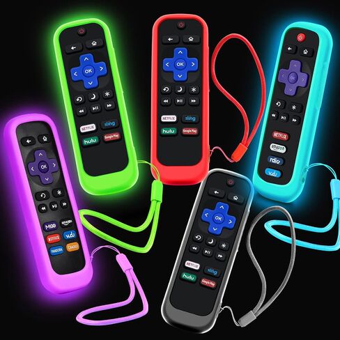 5Pack علبة لـ Roku Remote ، تغطية لـ Hisense/Tcl Roku TV Stick/Express Universal Presection Controller Silicone Skin Glow في The Green Green Purple Red in Kuwait