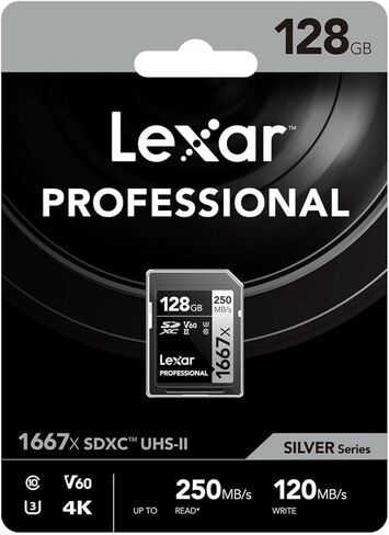 Lexar LSD128CB1667 SDXC Card, 128 GB Silver Series, 1667x UHS-II Class 10, U3, V60, Maximum Read: 250MB/s Max Write: 120MB/s in Saudi Arabia