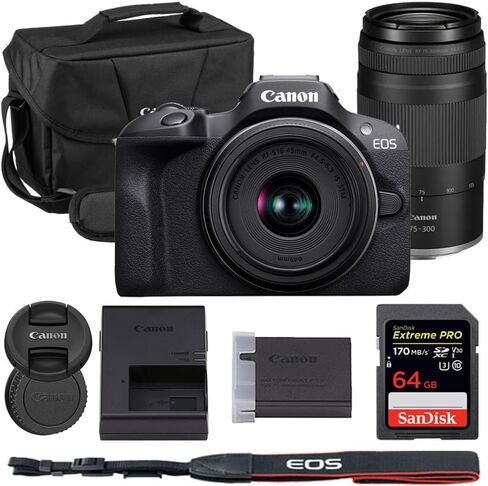 Canon EOS R100 Mirrorless Camera with 18-45mm & 75-300mm Lens Bundle with Canon 200ES EOS Shoulder Bag + 64GB Extreme PRO Memory Card in Saudi Arabia