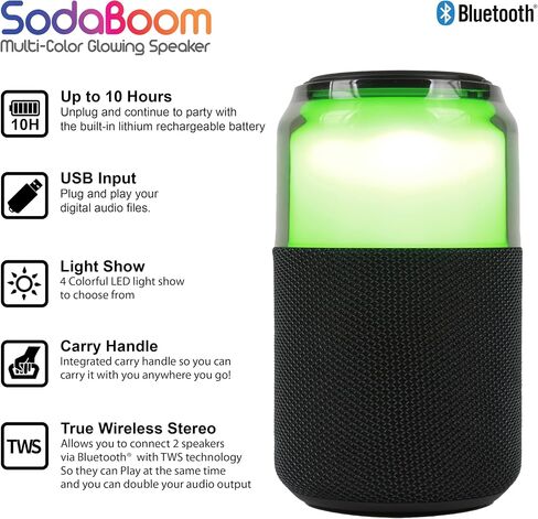 Supersonic SC-2335BT SodaBoom Multi-Color Glowing Portable Bluetooth Speaker with 4-Mode LED Light Show, TWS Pairing, USB Input, 1800mAh Battery, Silicone Carry Loop, Dust Cover, 10W Peak Power in Saudi Arabia