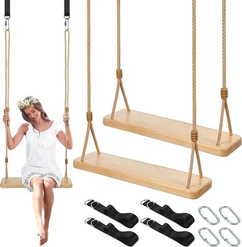 2 Pcs Wood Swing Seat Carbonized Hanging Wood Tree Swing Adjustable Anticorrosive Waterproof Wooden Swing 440lbs Load for Adult Kids Indoor Outdoor Backyard Play, 24 x 6.3 x 1.42 Inch in Saudi Arabia