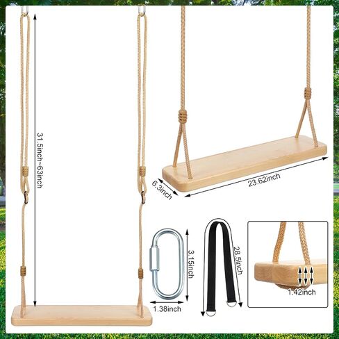 2 Pcs Wood Swing Seat Carbonized Hanging Wood Tree Swing Adjustable Anticorrosive Waterproof Wooden Swing 440lbs Load for Adult Kids Indoor Outdoor Backyard Play, 24 x 6.3 x 1.42 Inch in Saudi Arabia