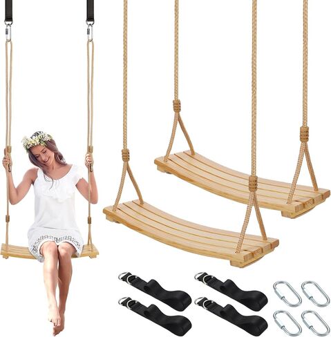 2 Pcs Wood Swing Seat Carbonized Hanging Wood Tree Swing Adjustable Anticorrosive Waterproof Wooden Swing 440lbs Load for Adult Kids Indoor Outdoor Backyard Play, 24 x 6.3 x 1.42 Inch in Saudi Arabia