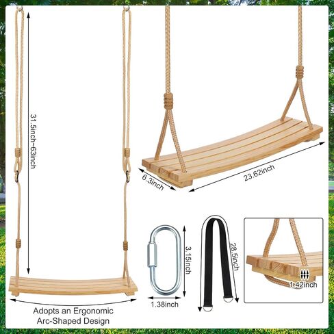 2 Pcs Wood Swing Seat Carbonized Hanging Wood Tree Swing Adjustable Anticorrosive Waterproof Wooden Swing 440lbs Load for Adult Kids Indoor Outdoor Backyard Play, 24 x 6.3 x 1.42 Inch in Saudi Arabia