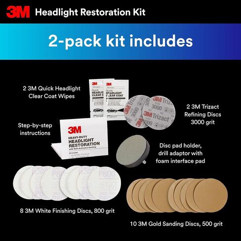 3M مجموعة ترميم المصابيح الامامية، عبوة من قطعتين، نظام ترميم المصابيح الامامية للسيارة سهل التحمل، منظف ومرمم للمصابيح الامامية للاستخدام مع المثقاب المنزلي in Kuwait
