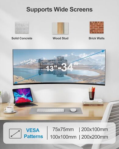 Huanuo Single Monitor Wall Mount لمدة تتراوح بين 17 و 34 بوصة ، ويحتوي على ما يصل إلى 44 رطلاً ، وشاشة حامل حائط كاملة مع الأسلحة المفصلية ، الدوران ، الدوران ، الميل ، Max Vesa 200x200 ، Black in Kuwait