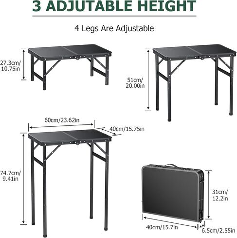 Folding Camping Table Portable Pinic Table 3 Level Height Adjustable Aluminum Alloy Small Foldable Camp Table Light Weight with Carry Handle for Outdoor Indoor Hiking Camp BBQ Beach in Kuwait