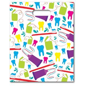 Practicon Neon Dental 6" x 12" Dental Giveaway Bag, Dental Hygiene Patient Care Goodie Bag, Dentist Office Plastic Gift Bags, 100 Pack
