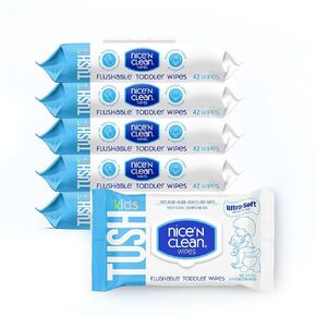 Nice 'N CLEAN Flushable Toddler Wipes 42ct (6-Pack) | 100% Plant-Based, Unscented Wet Wipes for Sensitive Skin | Potty Training Essentials | Flushable Baby Wipes for All Ages