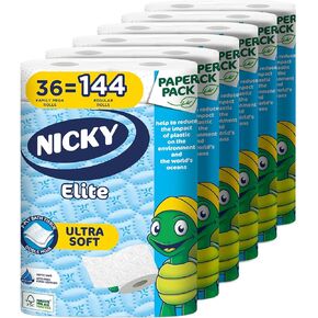 Nicky® Elite Bath Tissue 36 Ultra Soft Mega Rolls= 144 regular rolls, Plastic Free Packaging, Paper Wrap