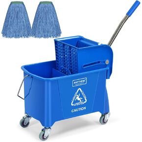 Matthew Cleaning Compact Mop Bucket INCL.2 Pack Mop Head with Side Press Wringer On Wheels,Tandem Portable Floor Cleaning Wavebrake,Ideal for Household,Industrial,Restaurant,Janitorial Use-22 Quart