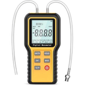 Manometer Gas Pressure Meter,11 Selectable Units Differential Pressure Gauge Dual-Port Manometer Air Pressure Meter HVAC Digital Manometer with Backlight Data Record RQ-189B