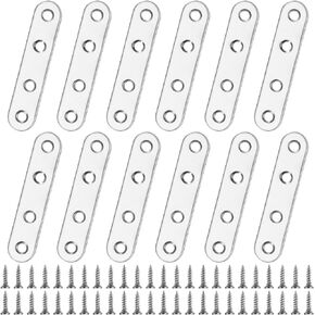 12Pcs Flat Plate Straight Brackets, Mending Plates Flat Brackets, Stainless Steel Flat Straight Brace Brackets, Straight Corner Fixing Bracket Joining Plates for Furniture Wood, 48 Screws