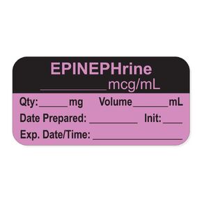 LAN-2-6 "EPINEPHrine mcg/mL" Permanent Anesthesia Paper Label with Expiration Date Time and Initia, 1" Core, 1-1/2" x 3/4" Size, Violet, Pack of 500,
