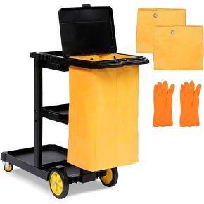 Cleaning Cart, 3 Shelf Commercial Janitorial Cart with Two 25-Gallon PVC Bags and Cover, 500LBS Capacity Plastic Housekeeping Cart on Wheels, Cleaning Cart for Stores,43.3" x 19.7" x 38.6"