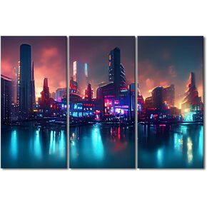 Kitchen Wall Pictures for Living Room Futuristic City Neon Lights Paintings 3 Panel Canvas Wall Art HD Prints Cyberpunk City Artwork Decor Wooden Framed Gallery-Wrapped Ready to Hang 28" Wx42 H