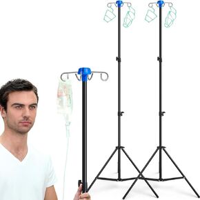 2 Pcs Portable Collapsible IV Pole Drip Bag Stand Foldable Pole Stand, Aluminum Alloy, 4 Hooks 3 Legs, Adjustable Height for Hospitals Clinics Wheelchairs Beds