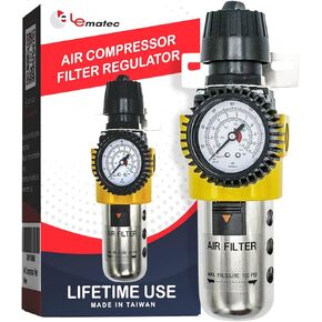 LE LEMATEC Air Compressor Filter & Air Regulator 1/2-Inch NPT, 160 PSI Heavy Duty Air Pressure Regulator, Inline Compressed Air Dryer & Water Separator with Easy Drain Valve & Adjusting Lock (AS209)
