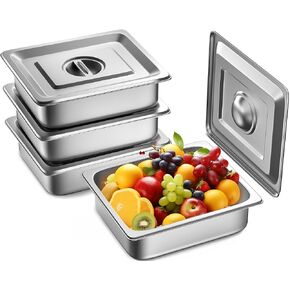 Hotel Pan 2.5" Deep Steam Table Pan 1/2 Size With Lid 12.8"L x 10.4"W Hotel Pan 22 Gauge Stainless Steel Anti Jam Steam Table Pan (1/2 Size, 2.5" Deep 4 Pack)