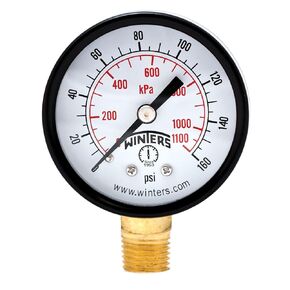Winters 2 inch Dial Size, Multi Function Economy Utility Dry Pressure Gauge, Brass Internals, Black Steel Case, Dual Scale 0-100 psi/kPa, 3-2-3% Accuracy, 1/4 inch NPT Bottom Mount, Pressure Gauge