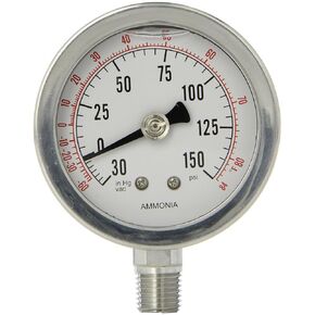 PIC Gauge AMMONIA-LF-254CF 2.5" Dial, 30/0/150 psi and -100/0/80⁰F Range, 1/4" Male NPT Connection Size, Bottom Mount, Glycerin Filled Ammonia Gauges with a Stainless Steel Case, 316 Stainless Steel Internals, and Polycarbonate Lens