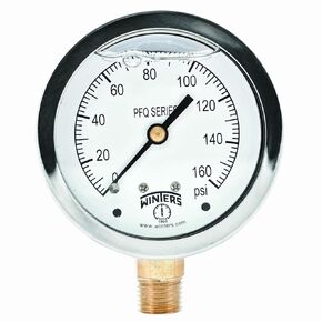 Winters 2-1/2" Dial Size, Liquid Filled Industrial Pressure Gauge, Brass Internals, 304 Stainless Steel Case, Single Scale 0-100 psi, 1.5% Acc, 1/4" NPT Bottom Mount, Glycerin Filled Pressure Gauge