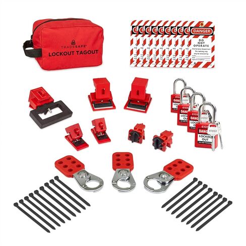 TRADESAFE Breaker Lockout Tagout Electrical Loto Kit, 120/277V to 480/600V Circuit Breaker Lockout, Hasps, Lockout Tags, Keyed Different Red Loto Locks (2 Keys Each); Devices for Station Refill in Kuwait