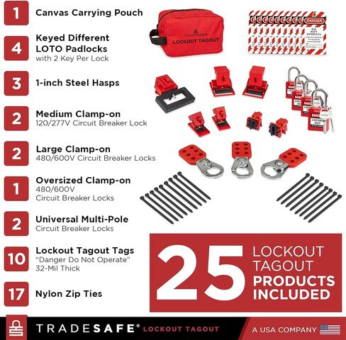 TRADESAFE Breaker Lockout Tagout Electrical Loto Kit, 120/277V to 480/600V Circuit Breaker Lockout, Hasps, Lockout Tags, Keyed Different Red Loto Locks (2 Keys Each); Devices for Station Refill in Kuwait