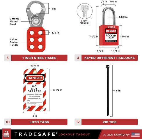 TRADESAFE Breaker Lockout Tagout Electrical Loto Kit, 120/277V to 480/600V Circuit Breaker Lockout, Hasps, Lockout Tags, Keyed Different Red Loto Locks (2 Keys Each); Devices for Station Refill in Kuwait
