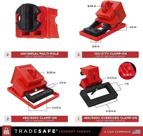 TRADESAFE Breaker Lockout Tagout Electrical Loto Kit, 120/277V to 480/600V Circuit Breaker Lockout, Hasps, Lockout Tags, Keyed Different Red Loto Locks (2 Keys Each); Devices for Station Refill in Kuwait