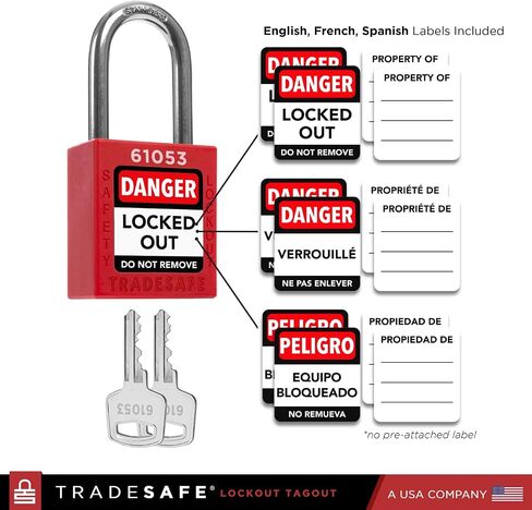 TRADESAFE Breaker Lockout Tagout Electrical Loto Kit, 120/277V to 480/600V Circuit Breaker Lockout, Hasps, Lockout Tags, Keyed Different Red Loto Locks (2 Keys Each); Devices for Station Refill in Kuwait