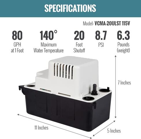 Little Giant 554435 VCMA-20ULST 115 Volt, 80 GPH, 1/30 HP Automatic Condensate Removal Pump, Black/White & 89695 CV-10 Condensate Pump Check Valve, Black in Saudi Arabia