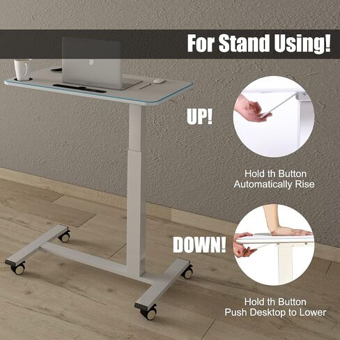 Overbed Table Height Adjustable Pneumatic Hospital Bed Table with Lockable Wheels Rolling Bedside Table Standing Desk Bed Table for Home Office Height 29"-44" in Saudi Arabia