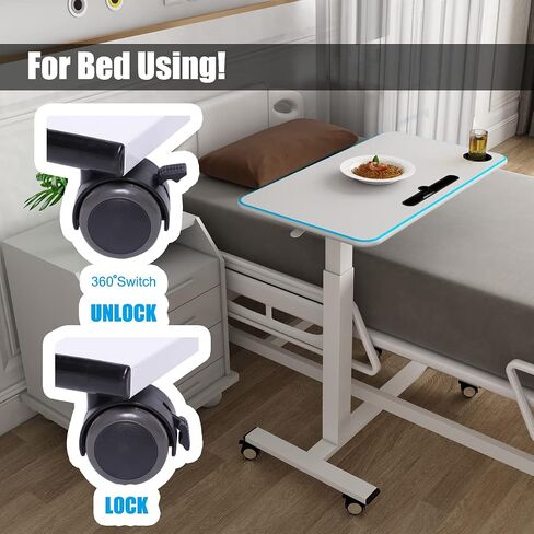 Overbed Table Height Adjustable Pneumatic Hospital Bed Table with Lockable Wheels Rolling Bedside Table Standing Desk Bed Table for Home Office Height 29"-44" in Saudi Arabia