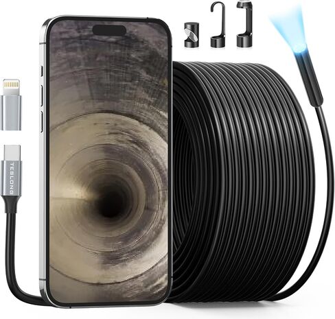 50FT Sewer Camera for iPhone, Teslong USB C Drain Plumbing Snake Borescope Inspection Camera with 8 LED Lights, 50 ft Flexible Waterproof Endoscope Fiber Optic Scope Cam for iOS Android Phone iPad in Saudi Arabia