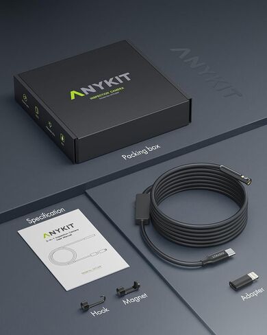 كاميرا منظار مزدوجة العدسات مع ضوء، Anykit 2 في 1 USB Borescope مع كابل ثعبان شبه صلب بطول 16.5 قدم، كاميرا فحص IP67 مقاومة للماء 8.0 مم لهواتف iPhone وiPad وOTG Android in Saudi Arabia