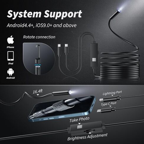 كاميرا التفتيش - كاميرا المنظار مع الضوء، منظار نطاق التجويف عالي الدقة 1920 بكسل مع 8 مصابيح، سلك شبه صلب مقاوم للماء بطول 16.4 قدم لفحص الأنابيب، منظار صناعي للهواتف (خط أسود مزدوج) in Kuwait