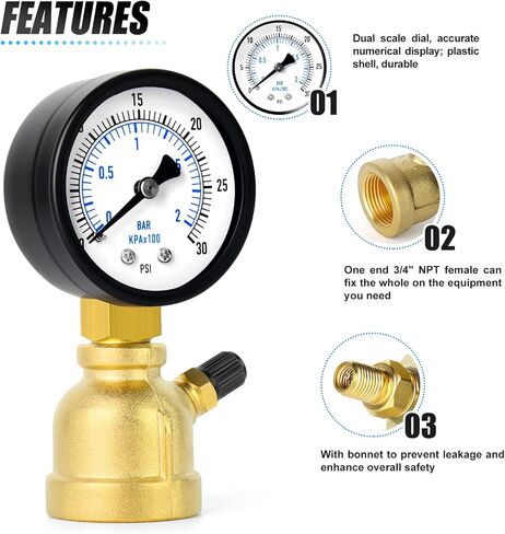MEANLIN MEASURE 0-30Psi Forged Brass Air Test Pressure gauges, 3/4" FNPT Connection, 2" Double Graduated, Bell Shape Body Assembly, -3-2-3% Accuracy in Saudi Arabia