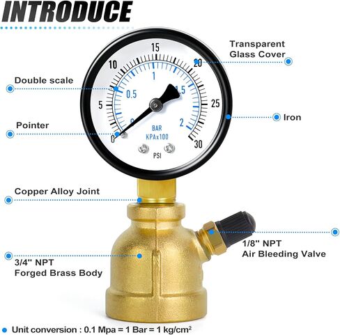 MEANLIN MEASURE 0-30Psi Forged Brass Air Test Pressure gauges, 3/4" FNPT Connection, 2" Double Graduated, Bell Shape Body Assembly, -3-2-3% Accuracy in Saudi Arabia