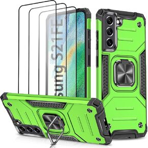 Case for Galaxy S21 FE 5G with 3 Pcs Tempered Glass Screen Protector, Military-Grade Built in Magnetic Ring Kickstand Dual Layer Hybrid Shockproof Aromr Rugged Case for Galaxy S21 FE 5G - Silver in Saudi Arabia