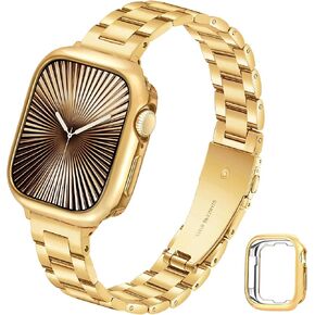 Slim Metal Band for Apple Watch Bands for Women 41mm 40mm 38mm Gold iWatch Bands with Protective Case, Stainless Steel Thin Dressy Fancy Strap for Apple Watch Band Series 9 8 SE 7 6 5 4 3-Gold in Kuwait