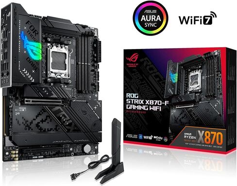 ASUS ROG STRIX X870-F GAMING WIFI AMD X870 AM5 DDR5 8000 DP HDMI 2xUSB4 4x M2 USB3.2 WiFi 7 + BT AURA RGB 5Gbit LAN ATX 16+2+2 Power Stages, Dual USB4, 4xM.2 slot, PCIe 5.0 Mother card in Saudi Arabia
