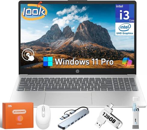 HP Touchscreen Laptop, Intel i3-1315U (Up to 4.5GHz), 64 GB RAM, 2 TB SSD, 15.6" 250 nits Anti-Glare Display, Intel UHD Graphics, Long Battery Life, Windows 11 Pro, Copilot-AI Chat w/Accessories in Saudi Arabia