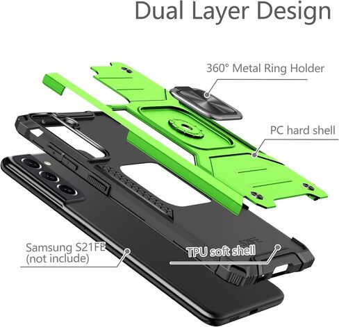 Case for Galaxy S21 FE 5G with 3 Pcs Tempered Glass Screen Protector, Military-Grade Built in Magnetic Ring Kickstand Dual Layer Hybrid Shockproof Aromr Rugged Case for Galaxy S21 FE 5G - Silver in Saudi Arabia