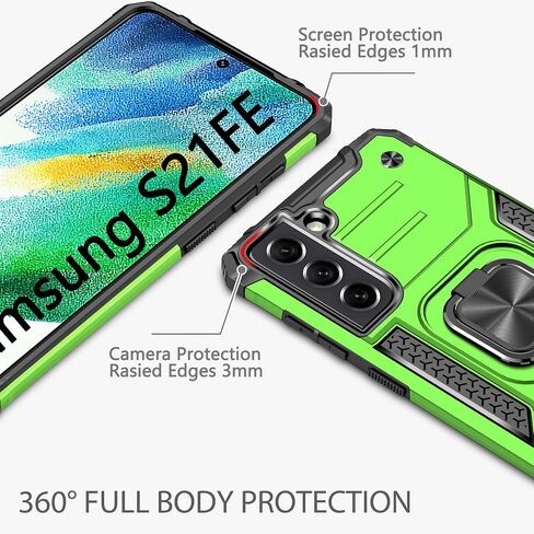 Case for Galaxy S21 FE 5G with 3 Pcs Tempered Glass Screen Protector, Military-Grade Built in Magnetic Ring Kickstand Dual Layer Hybrid Shockproof Aromr Rugged Case for Galaxy S21 FE 5G - Silver in Saudi Arabia
