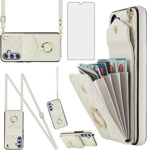 Phone Case for Samsung Galaxy S25 5G Wallet Cover with Tempered Glass Screen Protector and Crossbody Wrist Strap Ring RFID Blocking Credit Card Holder Cell S 25 25S 25 25S SM-S931U Women Girls Brown in Saudi Arabia